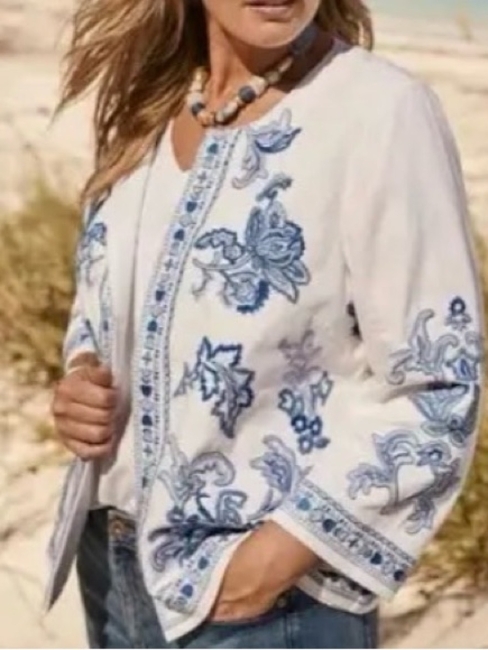 J Jill NWT Embroidered White Floral Open Front Jacket Boho Coastal 3/4 Sleeve MP